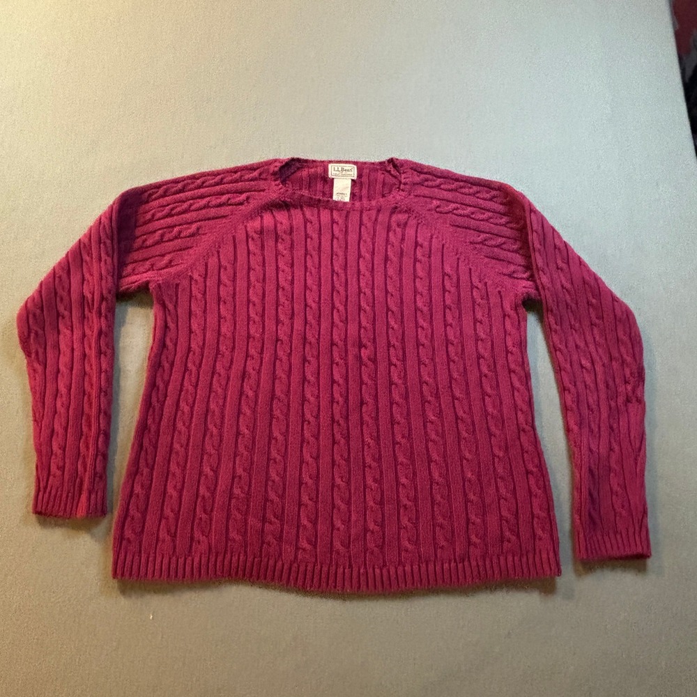 VTG L.L. Bean Cable Knit Sweater Womens L Pink Cotton Crewneck Preppy Hong Kong